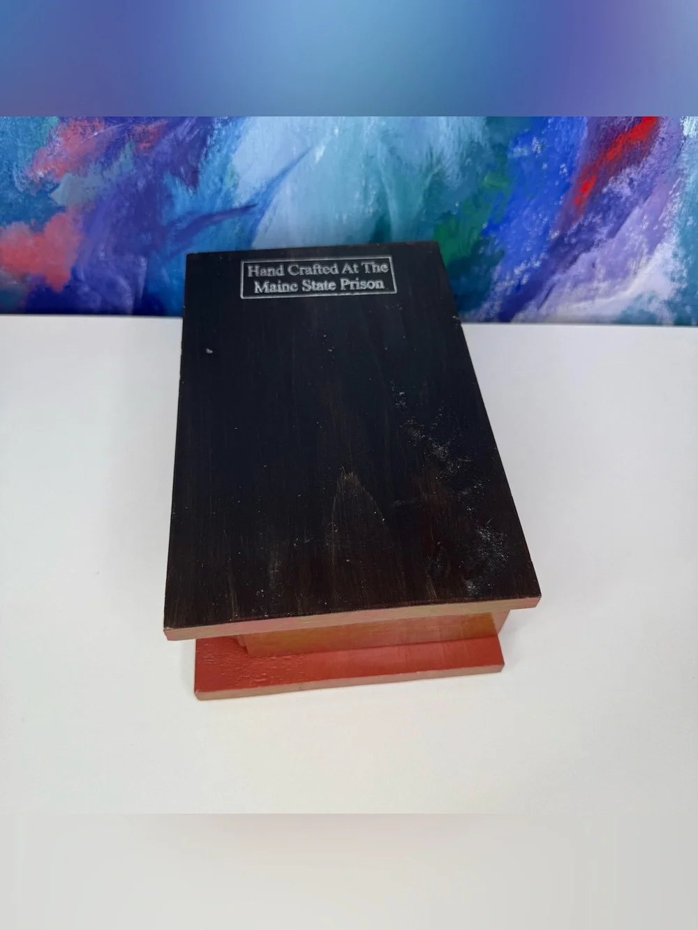 Wood Jewelry Box Marked Handcrafted at the Maine State Prison Trinket Box Red